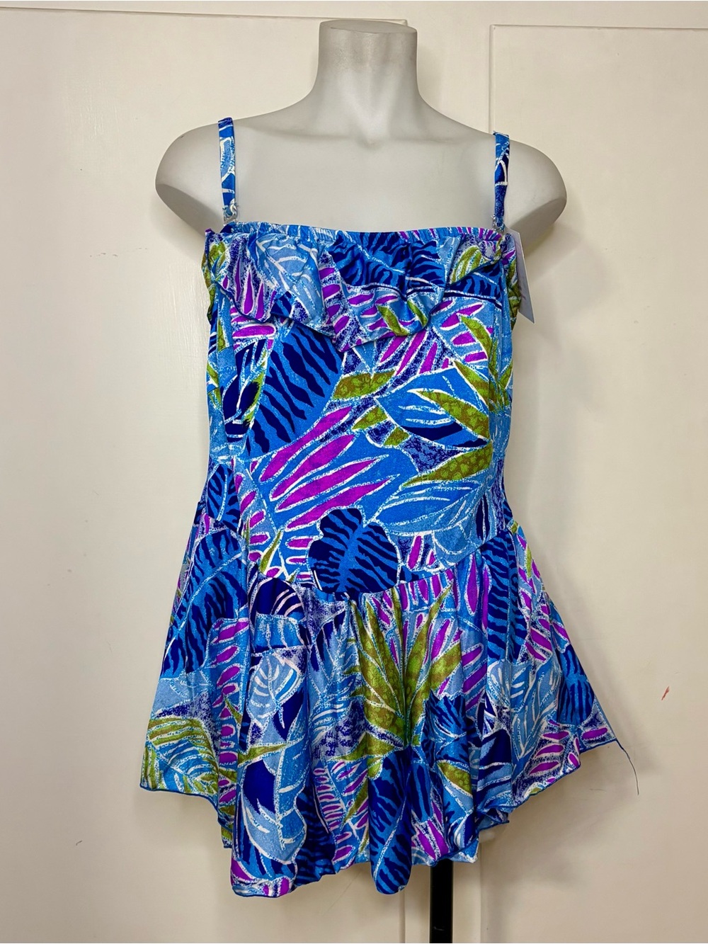 Vintage 90s Catalina Blue Purple Leaf Print Retro Swim Dress One Piece